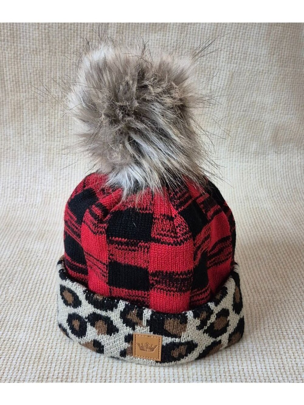 Panache Ladies Faux Fur Pom Red Buffalo Plaid Knit Beanie One Size Animal Print